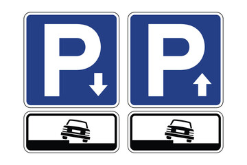 Left-Side Parallel Parking Sign with an arrow indicating the place of action and Additional Panel – Official Guide for Partial Curbside Parking with Two Wheels on Sidewalk – High-Quality Vectorial