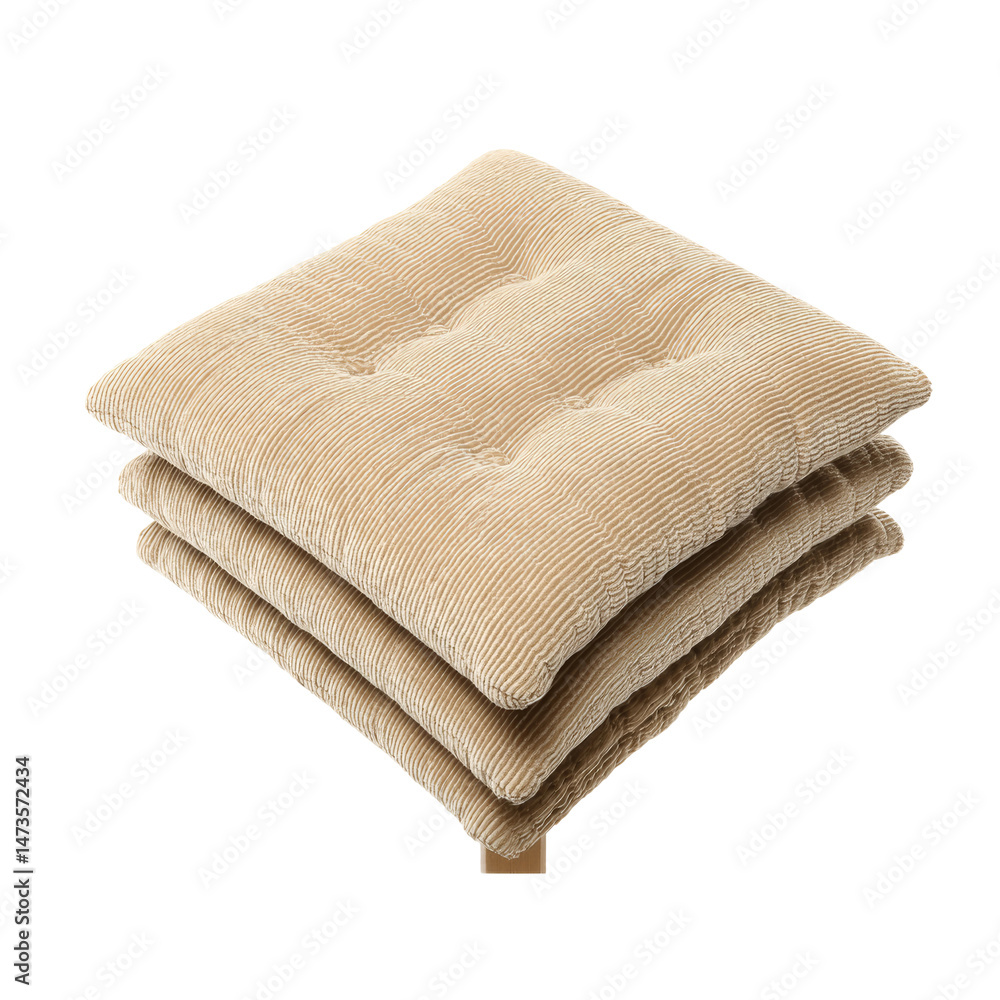 Poster a stack of three beige cushions with a textured corduroy fabric and a plush feel. the cushions are n