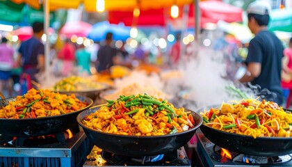 Steaming street food in pans at a market, colorful and lively atmosphere