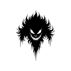 Eerie silhouette illustration of a monstrous visage with menacing glare and jagged teeth