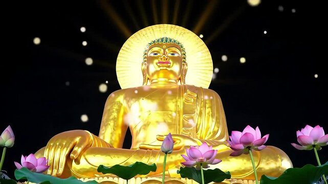 Golden Buddha meditating under a Bodhi tree at twilight, glowing aura, sparkling lights floating around,
