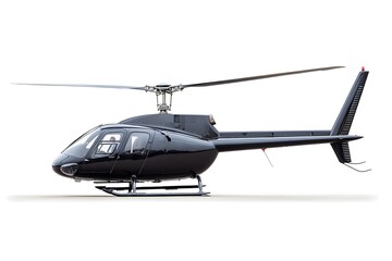 Obraz premium A sleek black helicopter with rotating blades against a plain white background in a studio shot