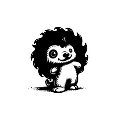 Enchanting monochrome illustration of a whimsical hedgehog character with big eyes