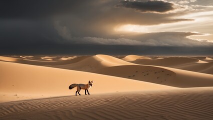 Fox walking across a desert landscape under a dramatic cloudy sky