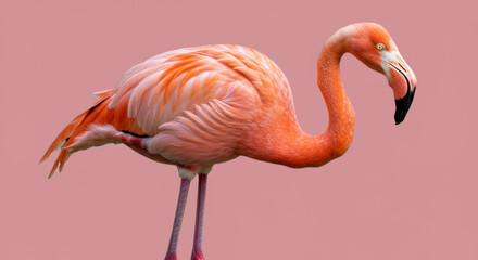Obraz premium Pink flamingo, with vibrant plumage, standing in profile view against a solid pink background. Wildlife subject in a zoological setting.