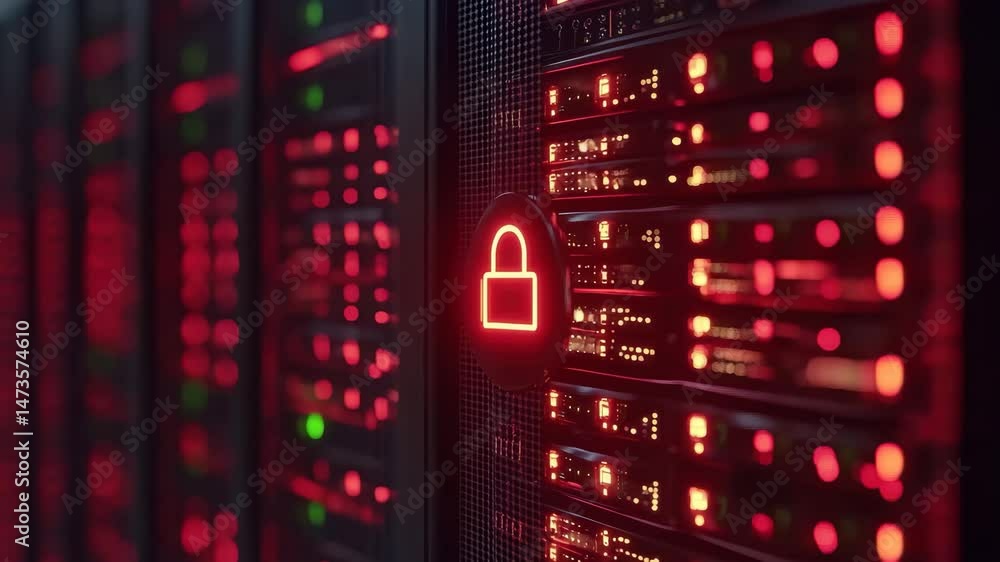 Poster digital padlock icon over red-lit data servers representing cybersecurity and data protection, padlo