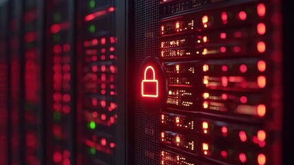 Digital padlock icon over red-lit data servers representing cybersecurity and data protection, padlock icon and digital data processing over computer servers - Powered by Adobe