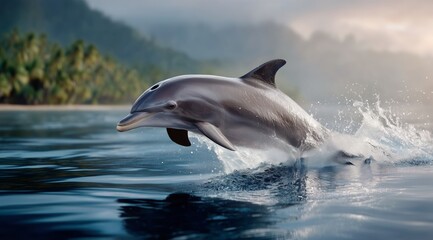 Fototapeta premium Dolphin Leaps From Calm Ocean Water Near Tropical Shoreline During Early Morning Light