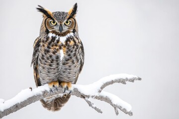 A stunning Great Horned Owl perched on a snow-covered branch against a bright, clean, white background. 