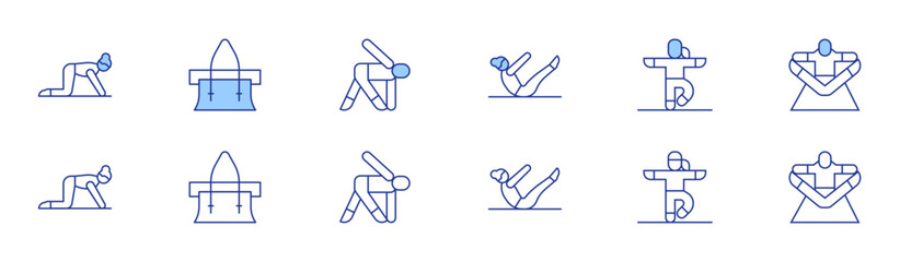 Yoga icon set in two styles, Duotone and Thin Line style. Editable stroke. pilates, sport bag, yoga