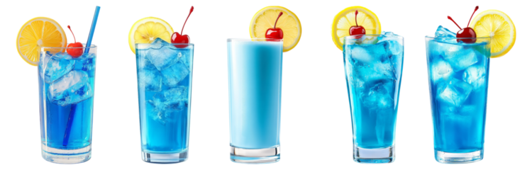 Refreshing Blue Drinks with Lemon and Cherry Garnish in Glasses, Isolated on Transparent, white background