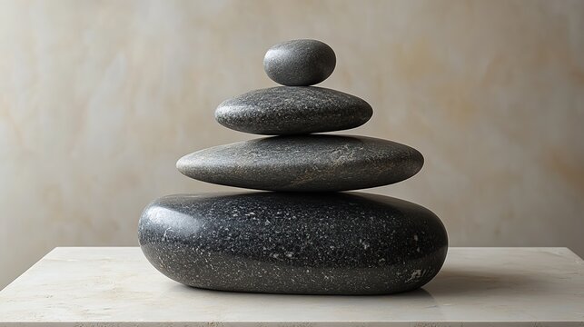 A minimalist sculpture made of smooth, polished stones arranged in a balanced and harmonious composition, evoking a sense of calm and serenity