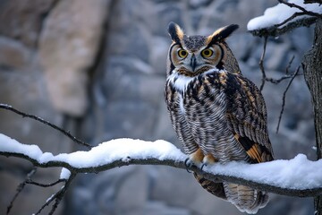 A regal great horned owl with piercing yellow eyes perched on a snow-covered branch in winter.