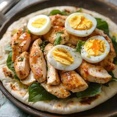 Delicious grilled chicken salad served on flatbread with sliced boiled eggs and fresh greens