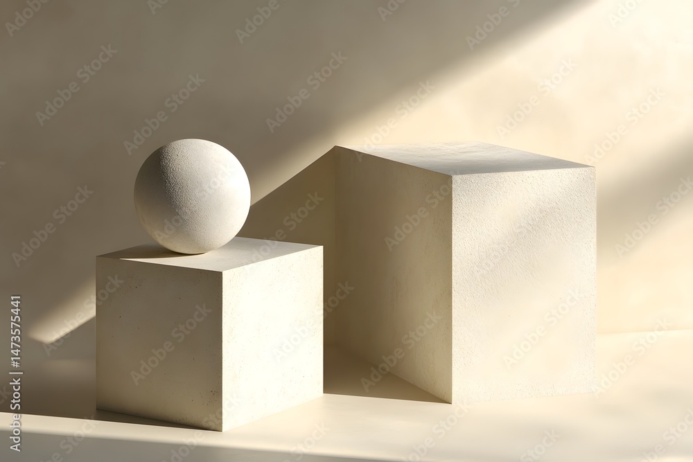 Poster minimal geometric still life with cube and sphere casting shadows