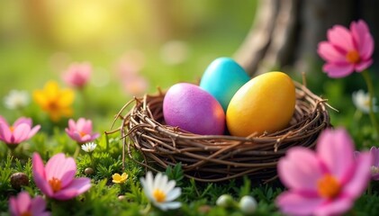 Colorful Easter eggs in a nest, surrounded by spring flowers A joyful, happy scene , easter symbols, lilies