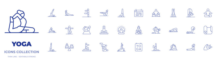 Yoga icons collection. Thin Line icons, editable stroke. stretch, pilates, yoga, yoga mat, yoga pose, yoga position, balance, meditation, posture
