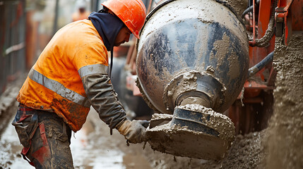 Construction Worker Operating Concrete Mixer
