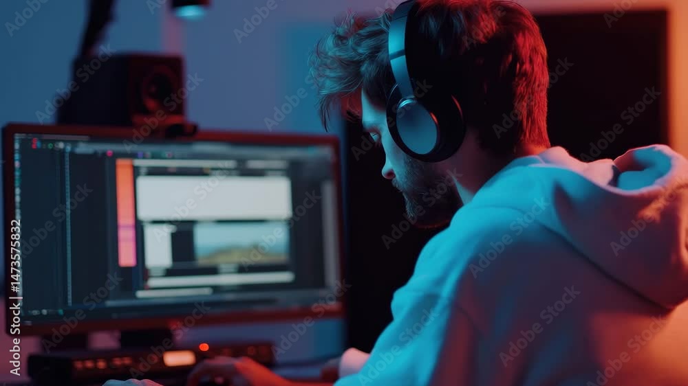 Poster casual man in headphones creates music while working on desktop computer at home in evening, side vi