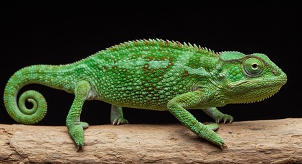 Obraz premium 鮮やか緑色のカメレオン 黒背景で優雅に佇む. AI Generated