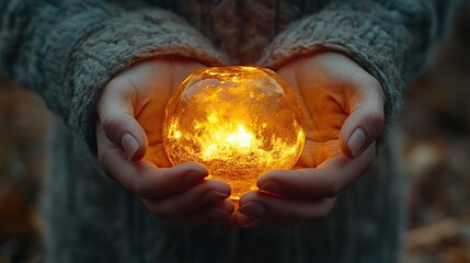 A pair of hands gently cradles a fragile and luminous object, their careful gesture conveying a sense of preciousness and care, a moment of tenderness and protection