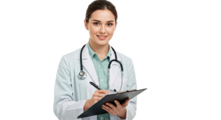 Smiling Female Doctor Writing on Clipboard, Isolated on Transparent PNG Background