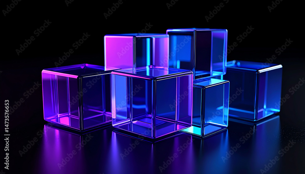 Poster colorful translucent cubes reflecting light against a dark background, creating a modern and artisti
