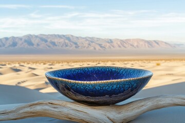 Obraz premium A blue ceramic bowl resting on driftwood with desert sand dunes and mountains in the background.