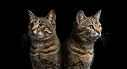 Two tabby cats, side-by-side, facing forward and to the viewer's right, in a studio black background. Animals posed, attentive, and alert with high contrast lighting.