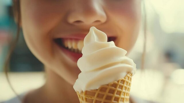 Happy female mouth taking a delicious bite off the cone, eating the ice cream from the cone	