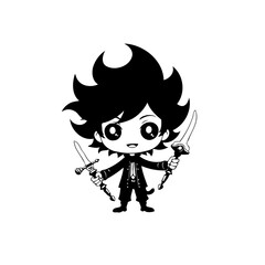 Stylized Swordsman: A black and white depiction of a cartoon character dual-wielding