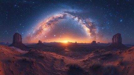 A panoramic view of a starry night sky over a vast, open landscape, with the Milky Way stretching across the heavens The scene is breathtaking and awe-inspiring