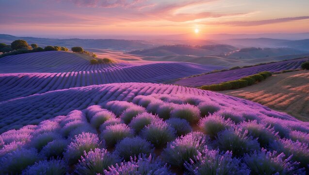 Lavender Field at Sunset Rows of Purple Blooms on Rolling Hills