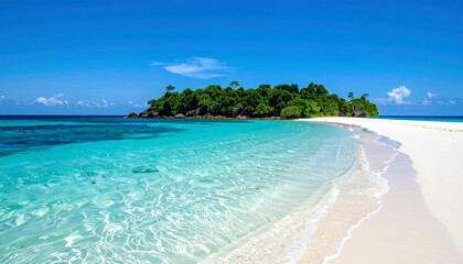 Fototapeta premium Tropical island paradise with clear waters and white sand beach under a clear blue sky