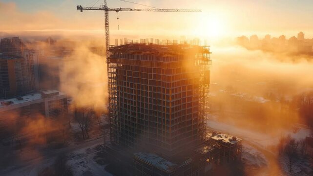 New highrise construction under golden sunrise light in urban landscape, Aerial shot of a new high-rise building under construction