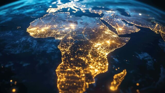Zoom view of Earth highlighting Africa's vibrant features at night with illuminated cities and landscapes, Earth zoom to Africa broadcast quality rendered at 32-bit float depth