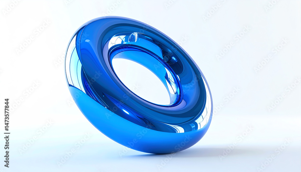 Poster a glossy blue toroidal shape with a smooth surface, reflecting light against a minimalistic white ba