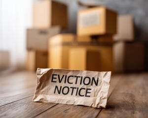 A crumpled eviction notice sits on the floor with packed moving boxes in the background, suggesting imminent relocation.