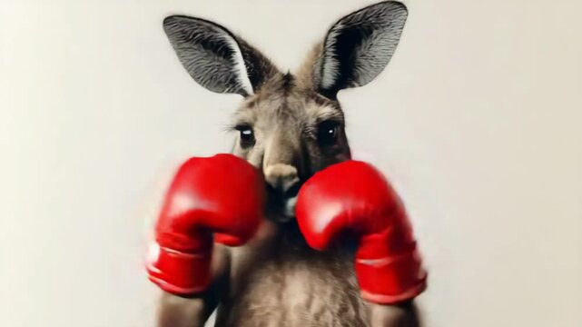 Kangaroo wearing boxing gloves standing and looking at the camera	