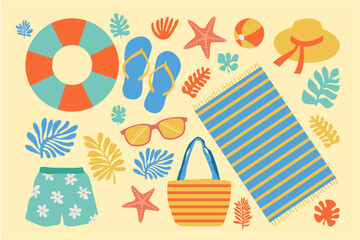 Set of Spring Summer Beach, Tropical Holiday Elements Vector Illustration. Beach towel, swim shorts, sunglasses, flip-flops, sun hat, beach bag, beach ball, tropical leaves, and starfish