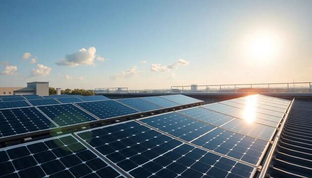 Modern solar battery rooftop installation, sunny day, photovoltaic, modern