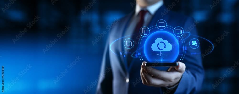 Poster businessman holding smartphone with cloud computing icons on screen. data transfer and cloud backup 