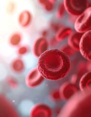Fototapeta premium Red blood cells are depicted in a microscopic view, showcasing their unique shape and texture, set against a blurred background of other cells