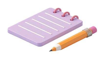 3D Illustration of a Lilac Notepad with Horizontal Lines and a Sharp Yellow Pencil - Concept for Writing, Learning, and Ideas