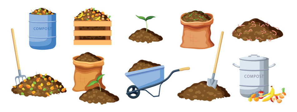 Set of compost in cartoon style. Vector illustrations: container, bags, sprouts in the ground, shovel,rake,wheelbarrow, eggshell, banana peel, apples,carrots,leaves,worms,isolated on white background.