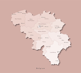 Vector modern illustration. Simplified geographical map of Belgium in beige colors. Brown background. Names of belgian cities and provinces.