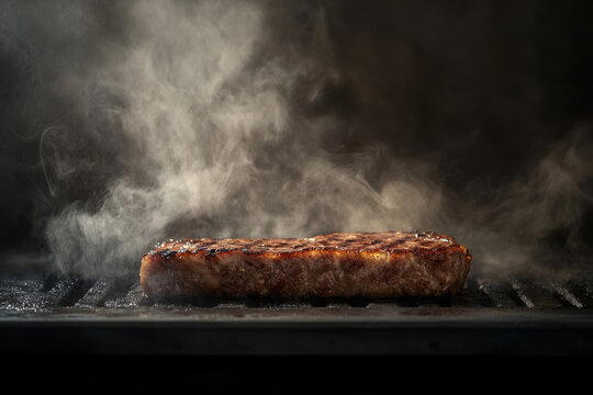 juicy steak sizzling on grill, surrounded by rising smoke, creates enticing atmosphere that evokes sense of hunger and anticipation