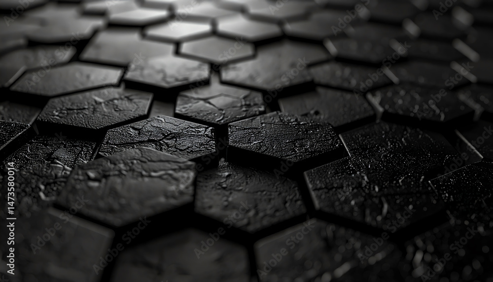 Poster dark, textured hexagonal tiles create a striking visual pattern, showcasing depth and contrast again