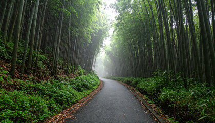 Obraz premium Road winds through lush green bamboo forest, mist hangs in the air creating a tranquil scene