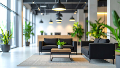 Obraz premium Modern office interior featuring sleek furniture, abundant greenery, and stylish lighting, creating a welcoming and productive atmosphere